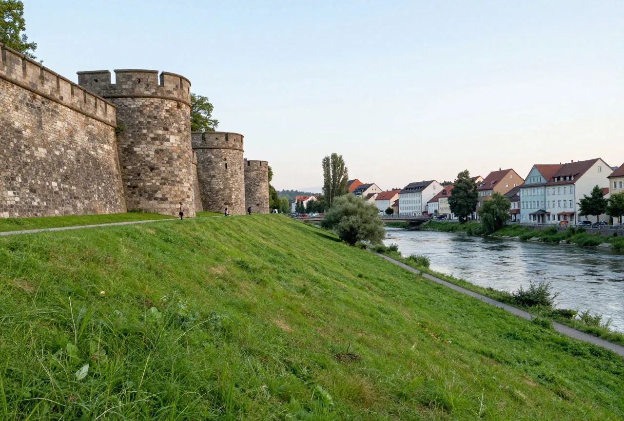 Alte Festungsmauern und ein grasbewachsener Wall an einem Fluss in einer bayerischen Stadt im Morgenlicht