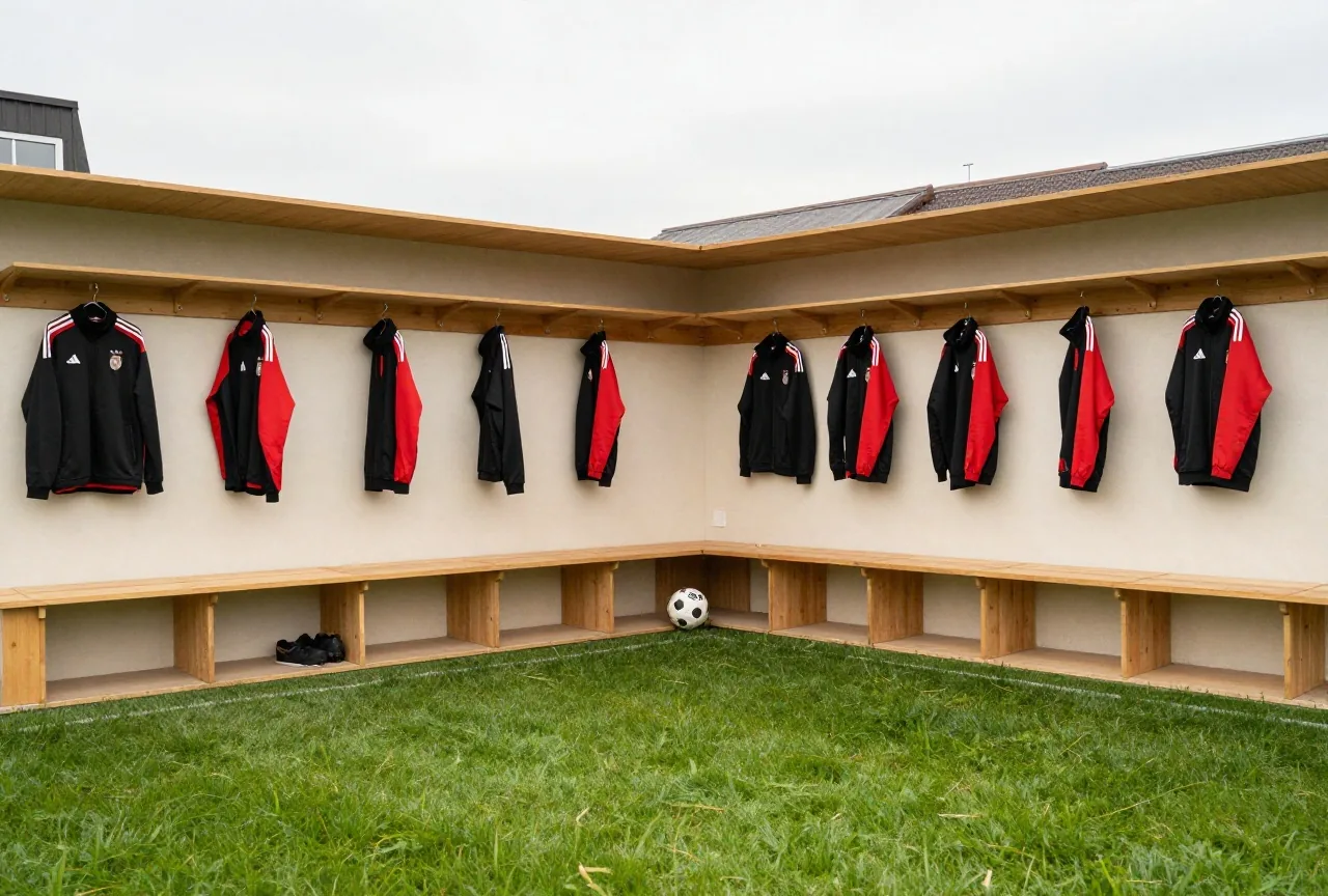 Leere Kabine nach dem Spiel, schwarze und rote Trainingsjacken an Haken, ein Ball in der Ecke