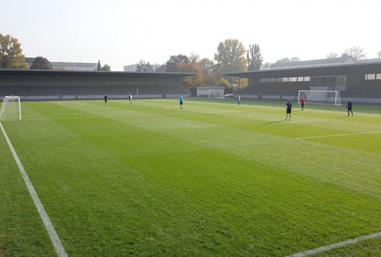 Mehrere Trainingsplätze nebeneinander hinter einem Stadion an einem nebligen Herbstmorgen, aufgereihte kleine Tore