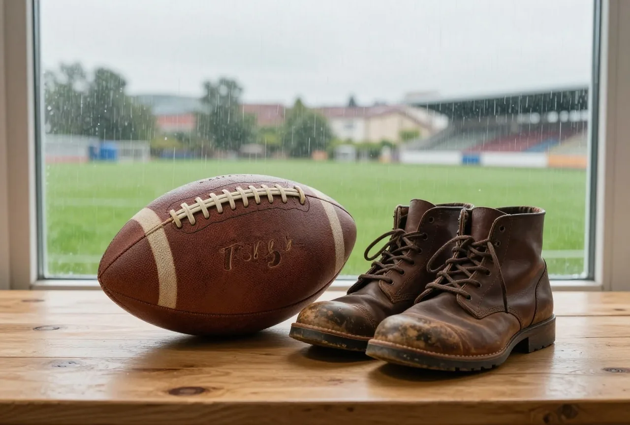 Abgenutzter brauner Lederball aus den 1950er Jahren und alte Lederschuhe auf einem Holztisch im Regenlicht