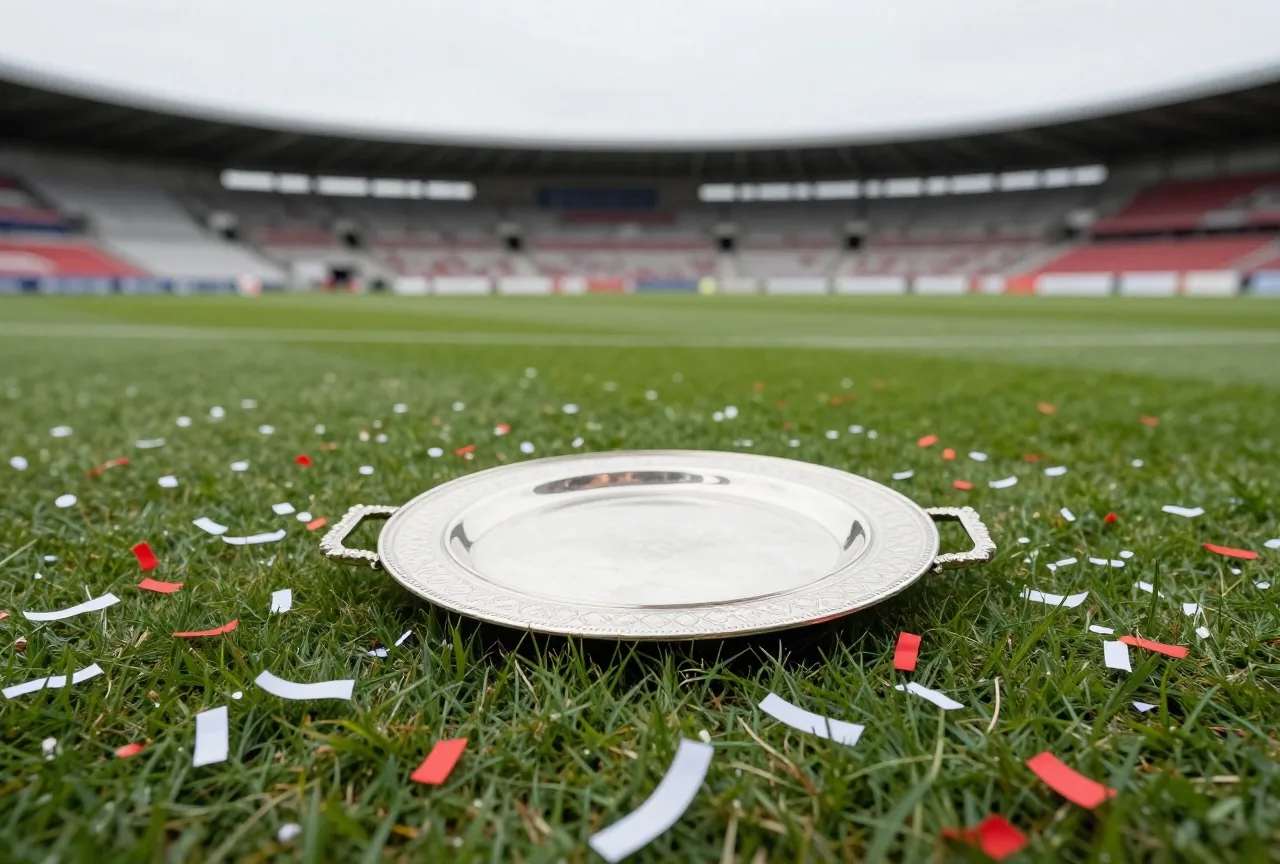 Silberne Schale ohne Gravur auf dem Rasen, rot-weißes Konfetti ringsum, das Stadion unscharf im Hintergrund