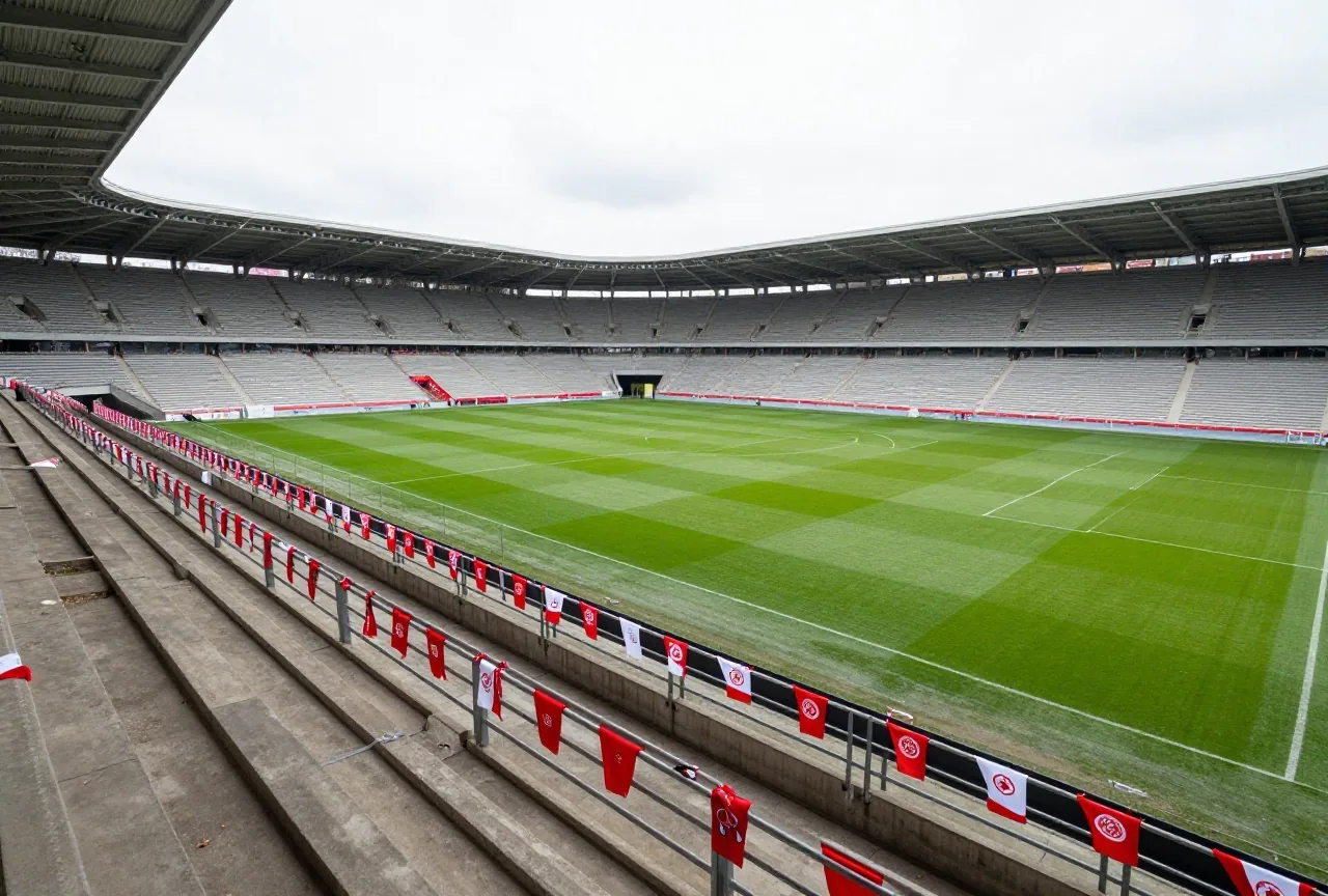 Steile Stehtribüne in einem großen Stadion vom Rasen aus, rot-weiße Schals an Stahlgeländern, ohne Menschen