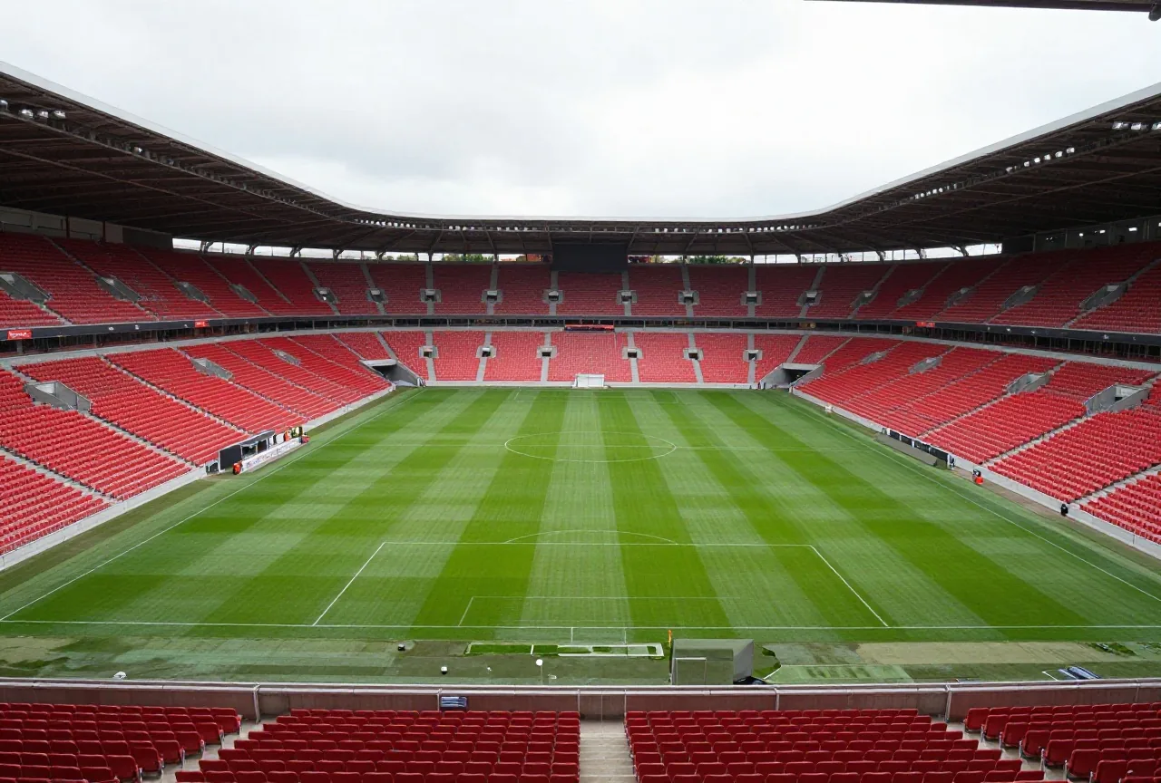 Blick in ein Fußballstadion mit roten Sitzen und grünem Rasen unter bedecktem Himmel, leere Ränge