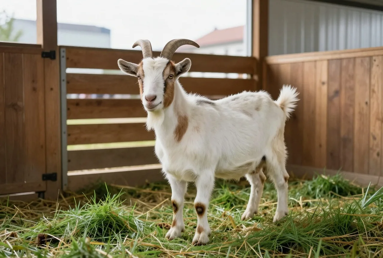 Weiß-brauner Ziegenbock mit gebogenen Hörnern auf frischem Stroh in einem Holzstall im Morgenlicht