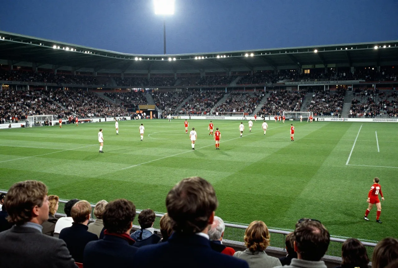 Nächtliches Endspiel in einem großen Stadion der 1970er Jahre, Spieler in weißen und roten Trikots unter Flutlicht