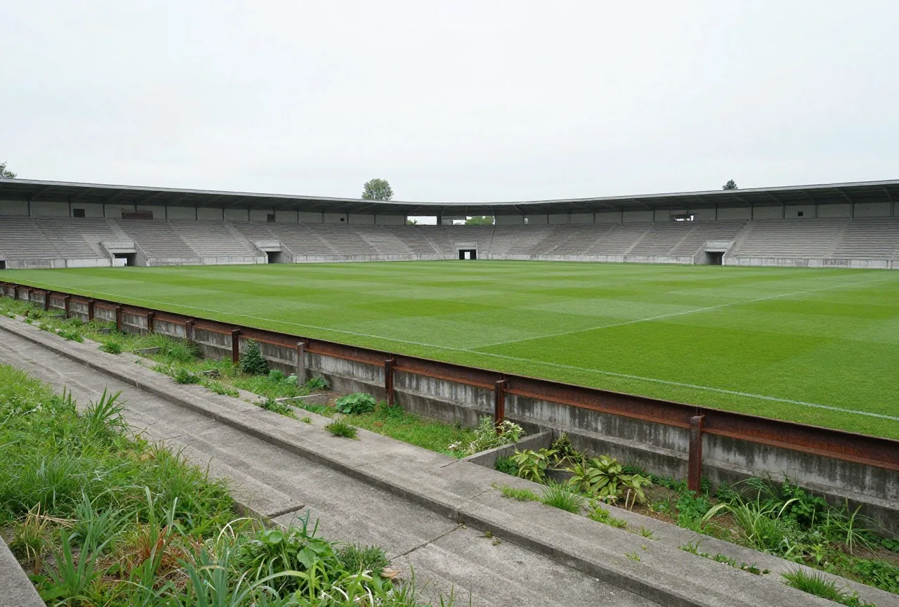 Alte Betontribüne mit Unkraut zwischen den Stufen und rostigem Wellenbrecher an einem grauen Morgen