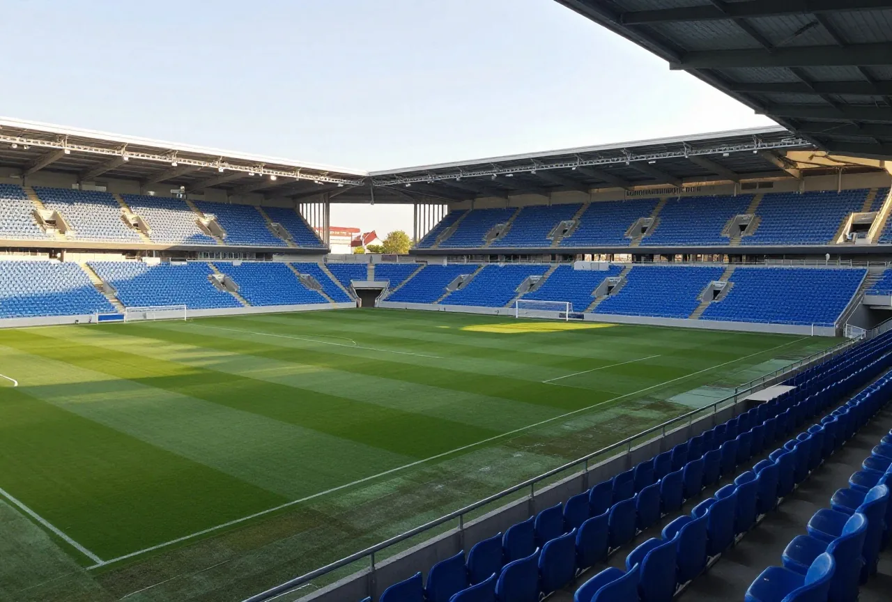 Blick in ein modernes Stadion mit blauen Sitzen, steiler Stehtribüne hinter dem Tor und grünem Rasen