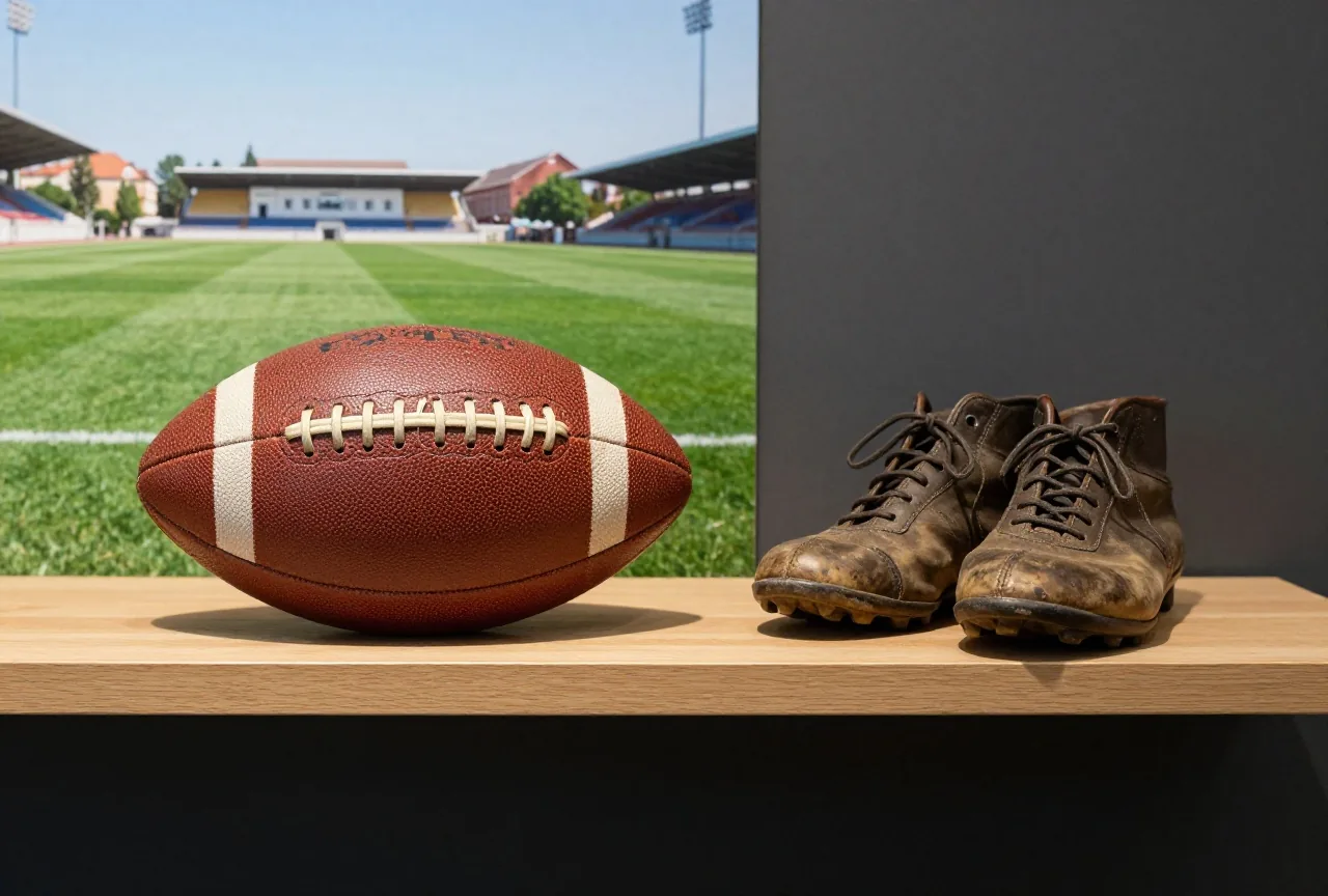 Alter Lederball mit Schnürung und abgetragene Fußballschuhe aus den 1920er Jahren auf einem Holzregal