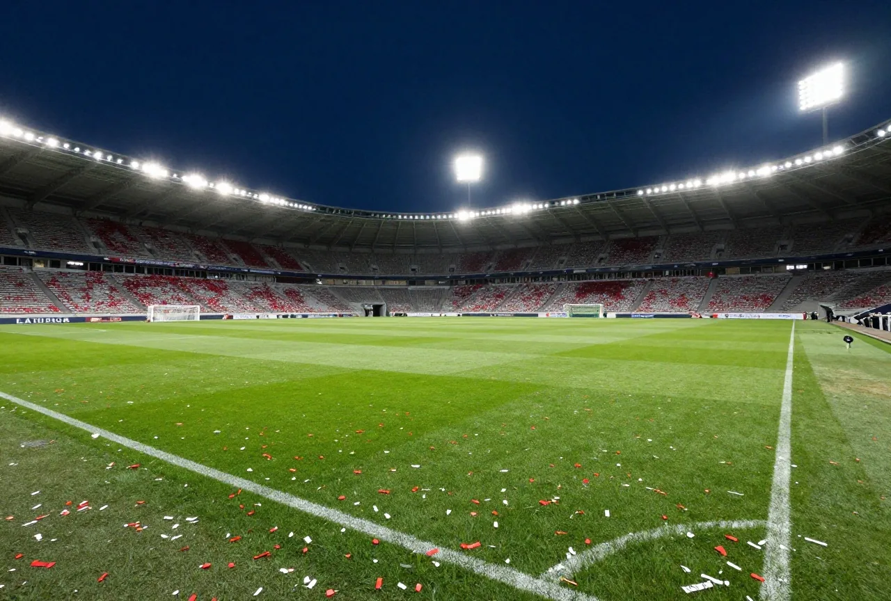 Leeres Stadion bei Nacht mit rot-weißem Konfetti auf dem grünen Rasen unter Flutlicht