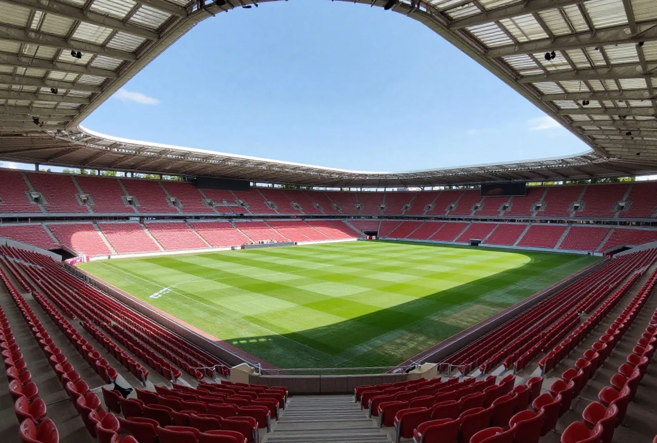 Blick vom Oberrang eines großen Stadions mit roten Sitzen und geschwungenem Dach auf den Rasen