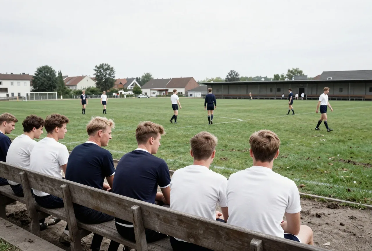 Fußballspiel der 1950er Jahre auf schlammigem Platz, Spieler in dunkelblauen und weißen Trikots, Schwarz-Weiß-Stil