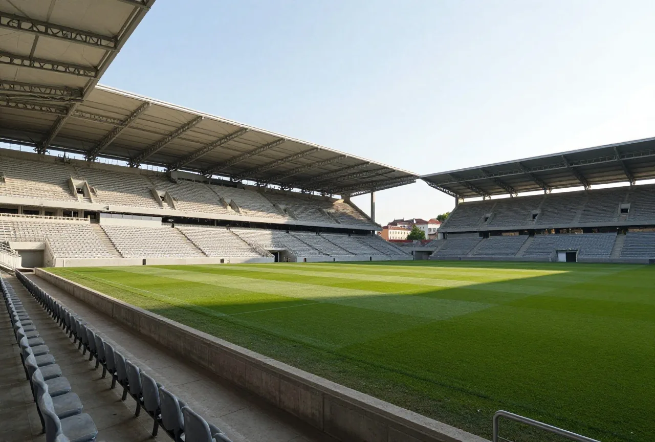 Umgebautes Stadion mit historischer Betontribüne auf einer Seite und neuen Tribünen mit Textildach