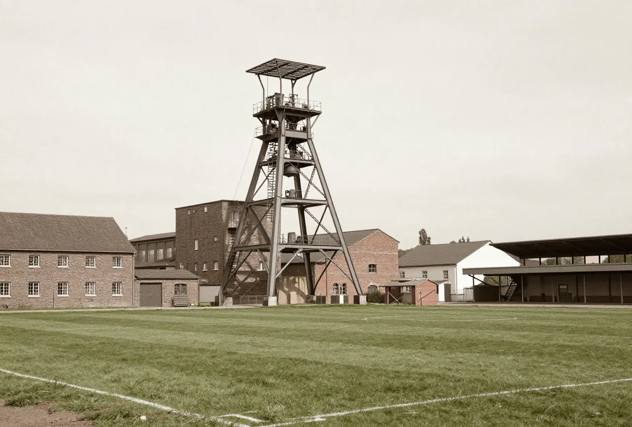 Fördergerüst einer alten Zeche neben Backsteinbauten, davor ein einfacher Bolzplatz in Sepiatönen