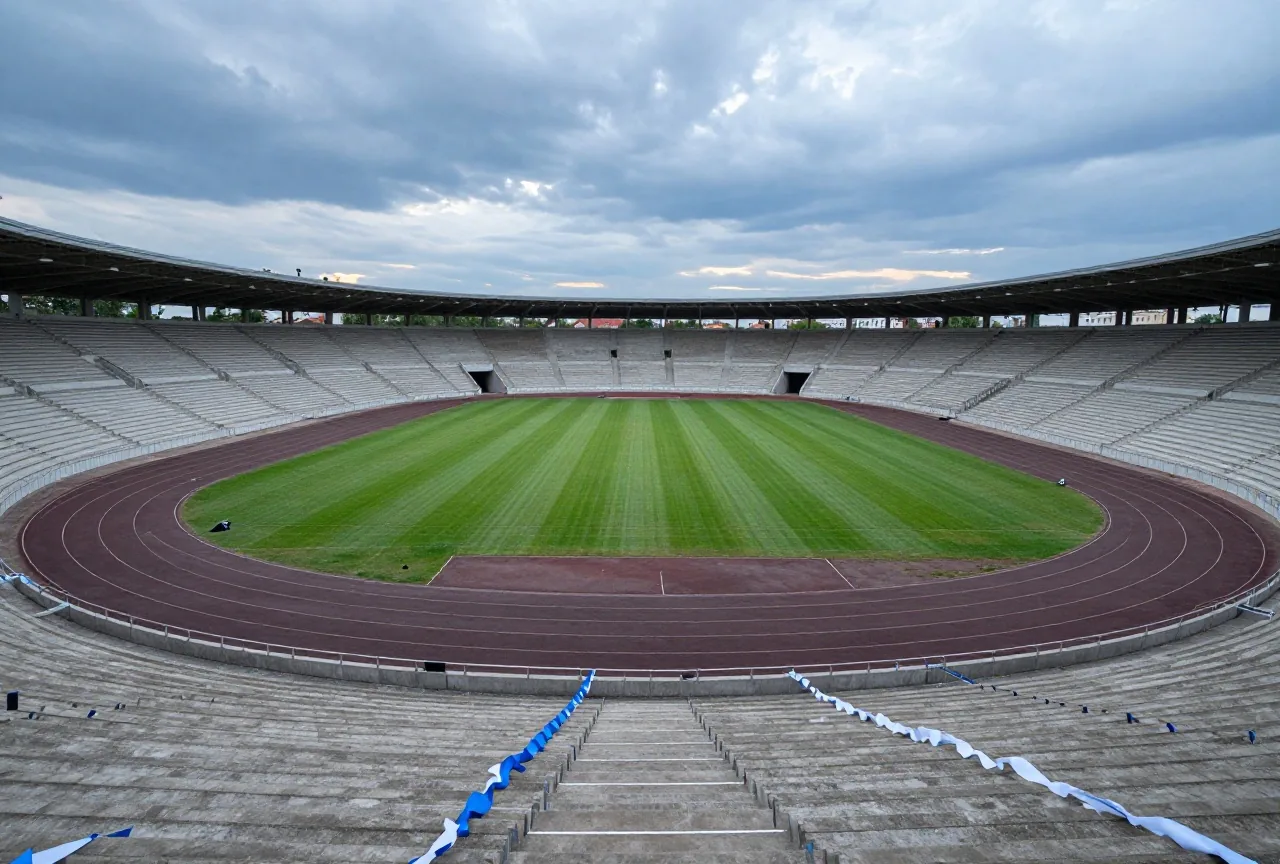 Leeres altes Ovalstadion mit Laufbahn und offenen Betonrängen, blau-weiße Papierschlangen auf den Stufen