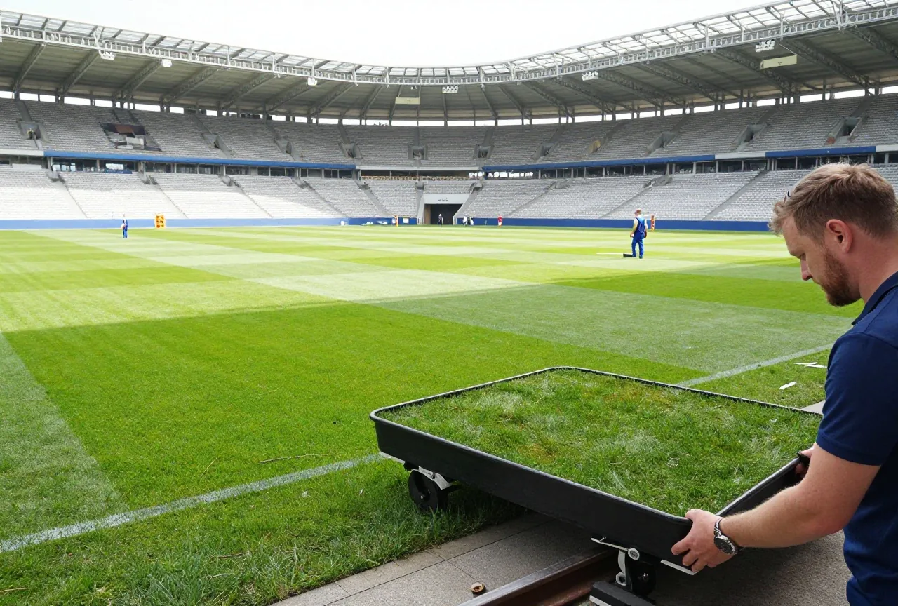 Riesige Rasenfläche auf einer Wanne wird auf Schienen aus einem modernen Stadion gefahren
