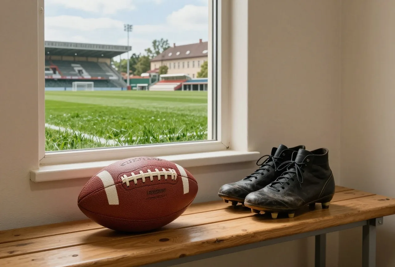 Alter Lederball und ein Paar alte schwarze Fußballschuhe auf einer Holzbank in einer einfachen Kabine
