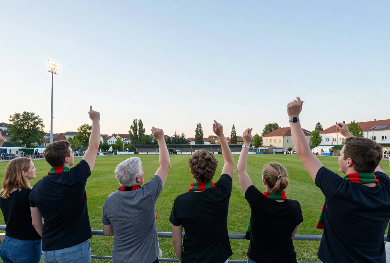 Volle offene Stehtribüne an einem warmen Maiabend, Fans mit schwarz-rot-grün gestreiften Schals jubeln mit erhobenen Armen