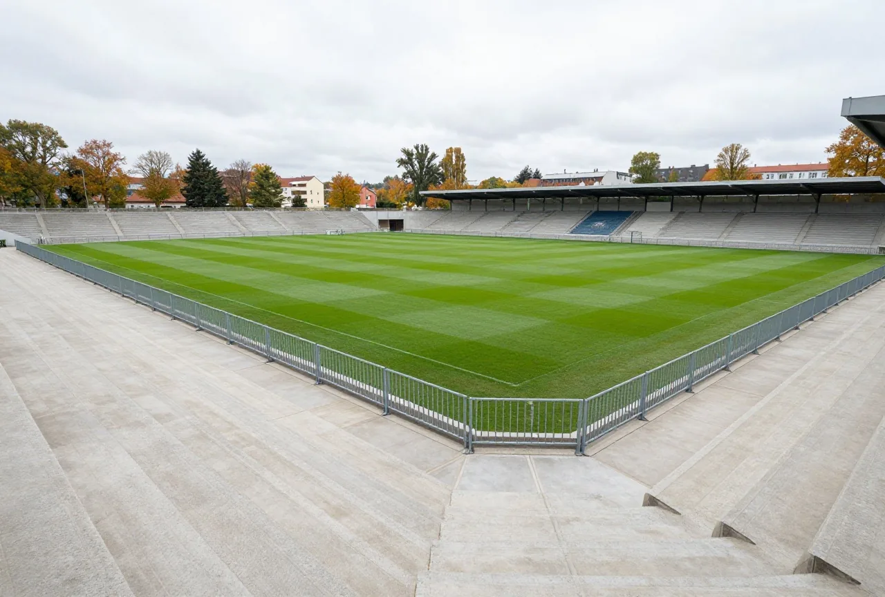 Leere breite Stehränge aus Beton mit Wellenbrechern in einem kleinen Stadion an einem bewölkten Herbsttag