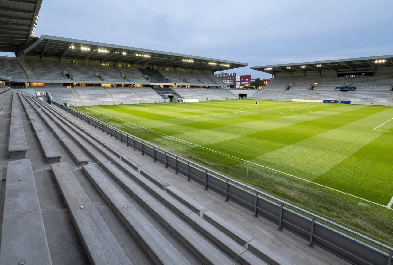 Steile Stehtribüne in einem kleinen modernen Stadion mit Wellenbrechern, im Hintergrund Lichter der Stadt
