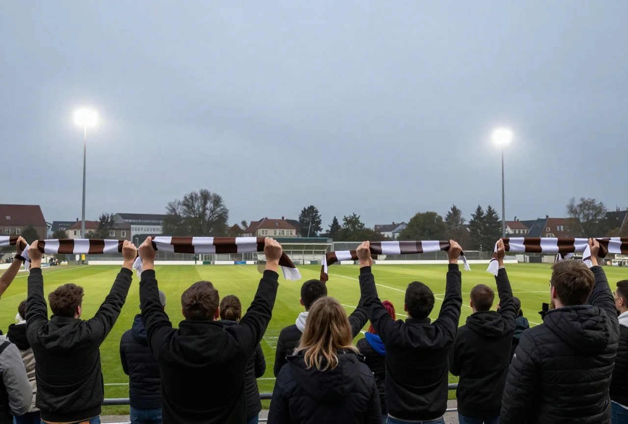 Fans von hinten auf einer Stehtribüne in der Abenddämmerung, die Arme erhoben, mit braun-weißen Schals über den Köpfen, Flutlicht an