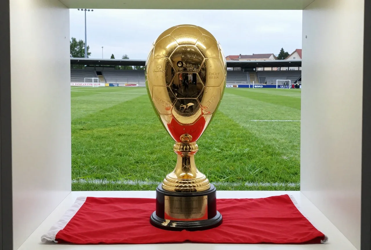 Alter goldfarbener Pokal auf einem rot-weißen Tuch in einer ruhigen Vitrine mit seitlichem Licht