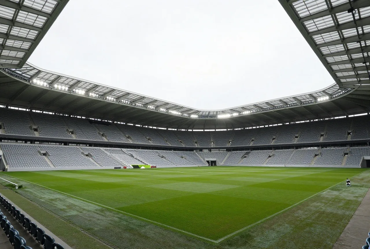 Inneres eines Fußballstadions mit halb geschlossenem Schiebedach, leeren Sitzen und beleuchtetem Rasen