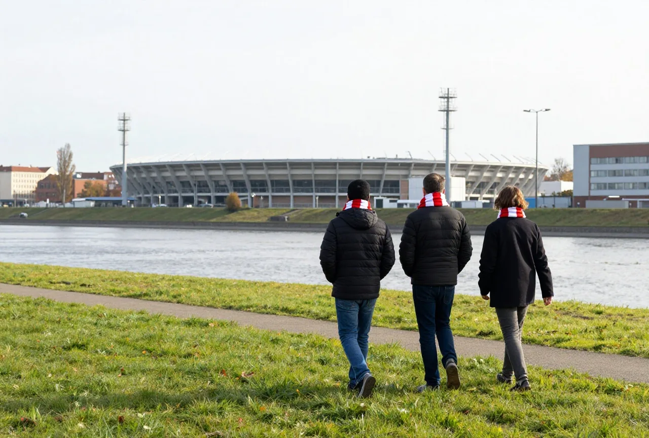 Fans mit rot-weißen Schals gehen an einem kalten Herbstnachmittag an einer Uferpromenade zum Stadion