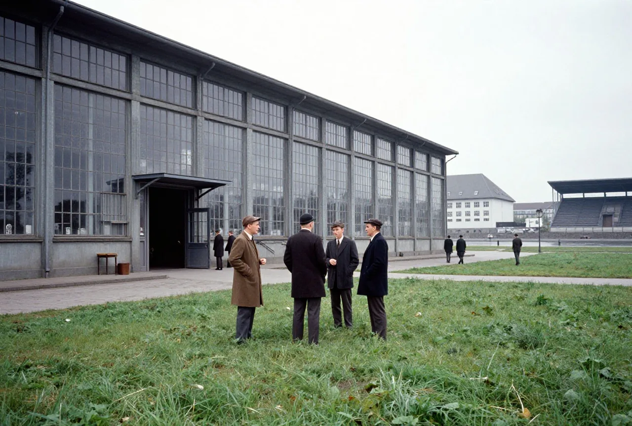 Alte Industriehalle mit hohen Fenstern an einer Straße am Fluss in den späten 1940er-Jahren, davor Männer in Mänteln