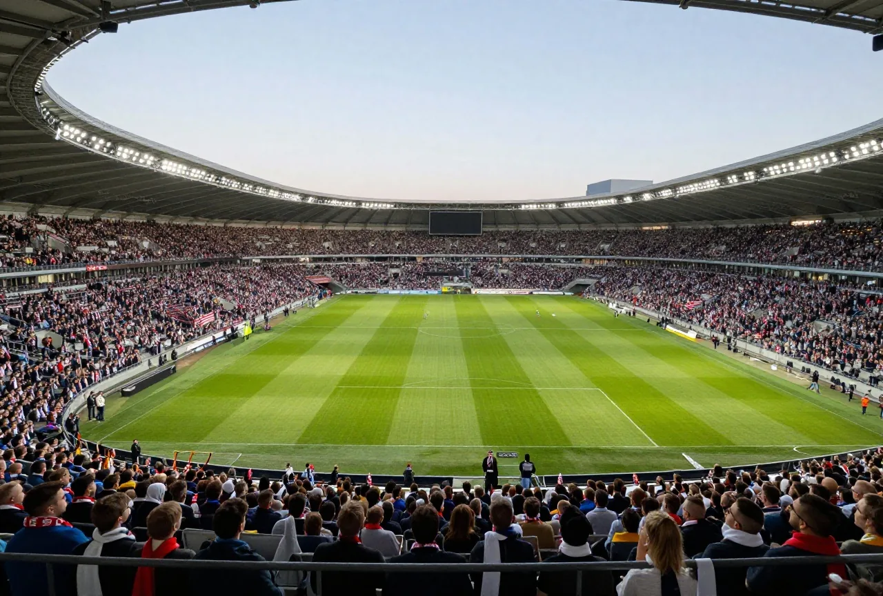 Volles Stadion unter Flutlicht am Abend, zwei Fangruppen mit schlichten Schals von oben gesehen