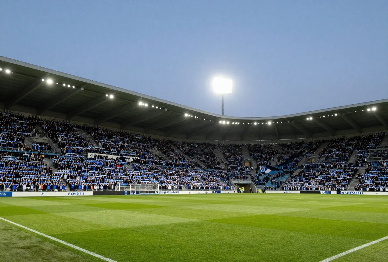 Volle Stehtribüne bei Nacht, Fans halten blaue und weiße Schals über ihre Köpfe, Flutlicht an