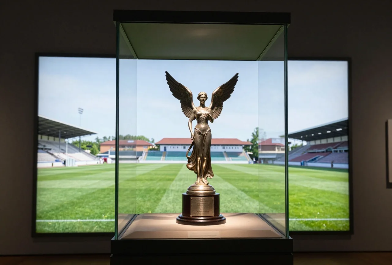 Alte Siegertrophäe in Form einer geflügelten Figur auf einem Sockel in einer Glasvitrine eines Museums