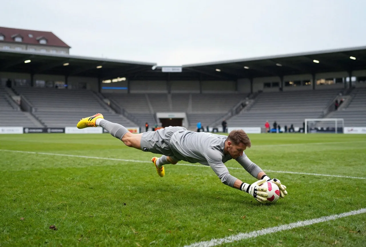 Torwart in grauer Kleidung wirft sich in der Dämmerung zur Seite, der Ball ist nah an seinen Händen