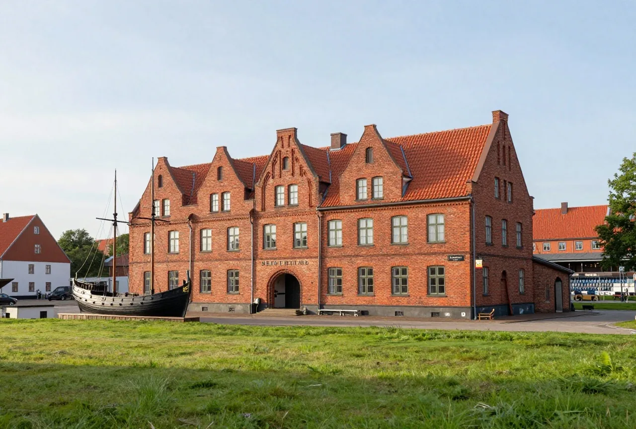 Backsteinhaus mit Treppengiebel in einer Hafenstadt an der Ostsee, im Fenster ein Modell eines mittelalterlichen Koggenschiffs