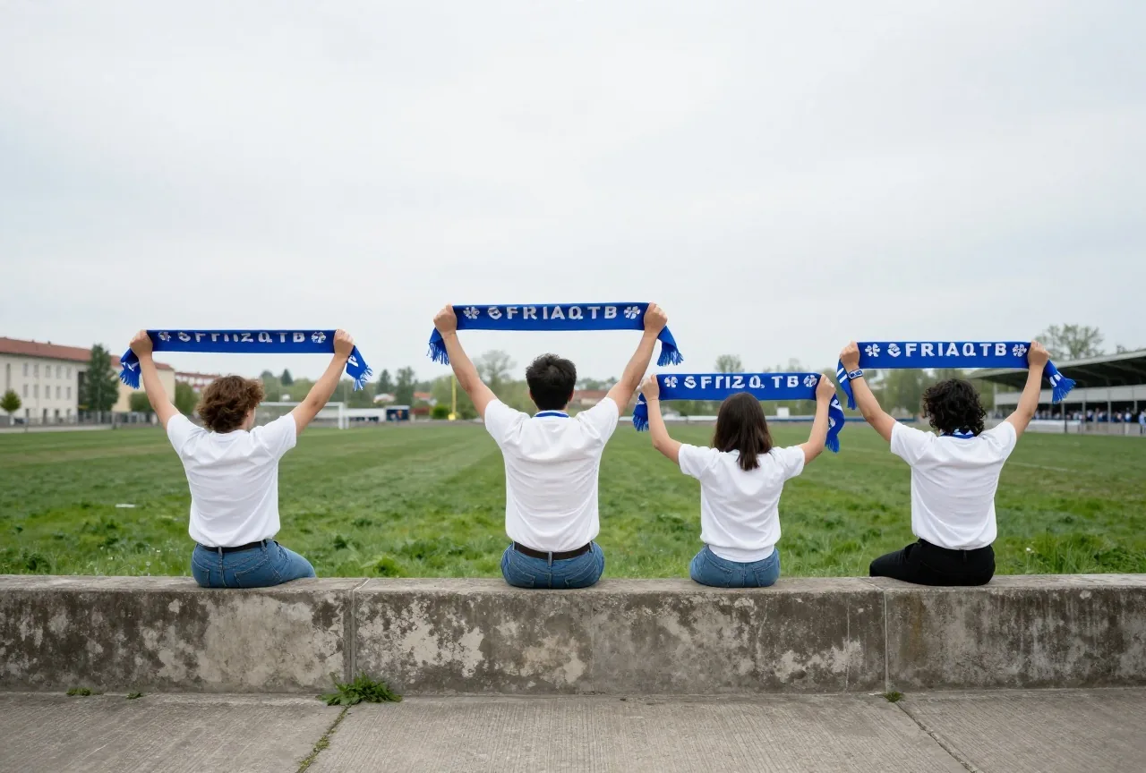 Fans von hinten auf einer alten Betontribüne mit hochgehaltenen weiß-blauen Schals im Frühjahr unter grauem Himmel