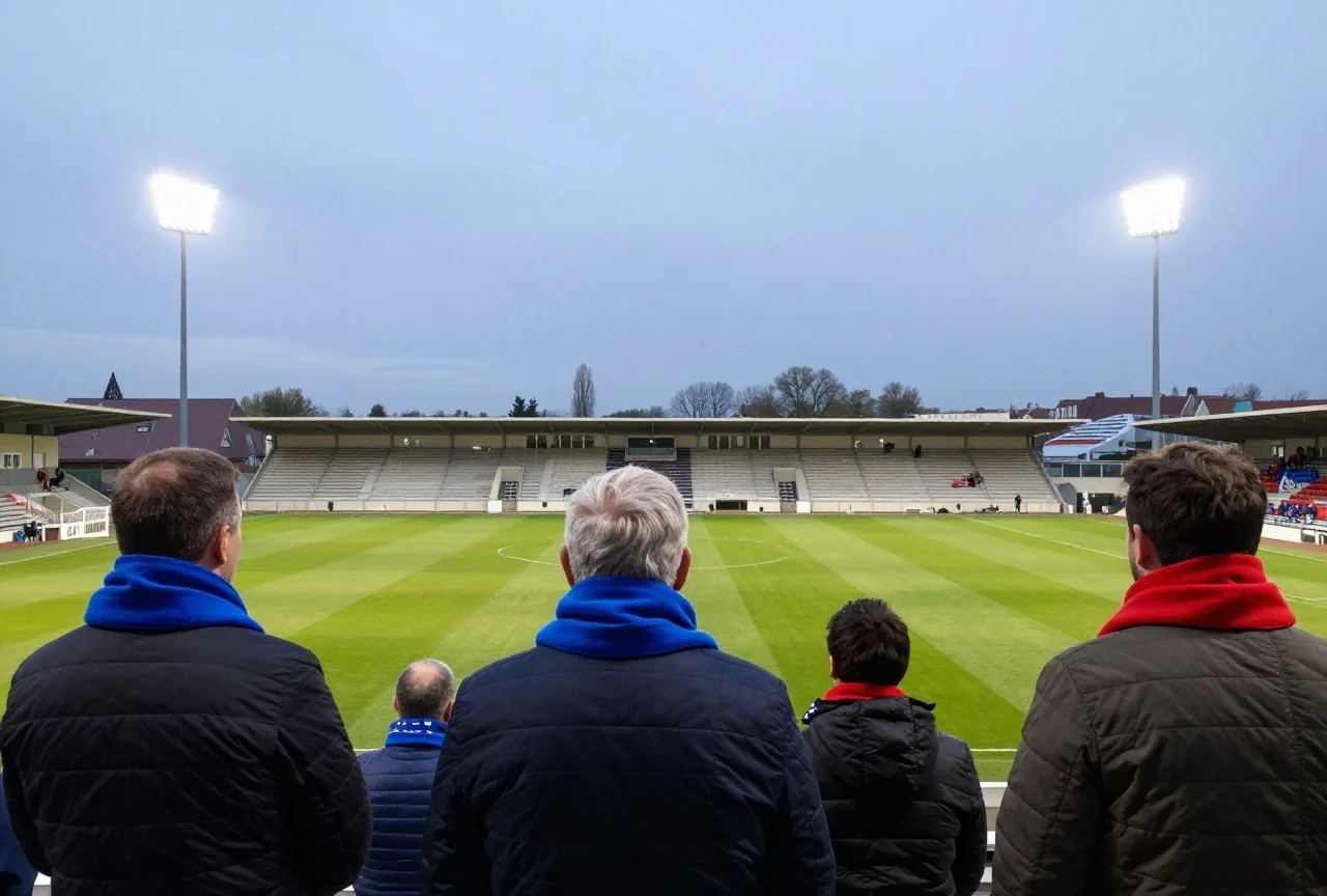 Fans von hinten auf einer Stadiontribüne in der Dämmerung, mit einfarbigen blauen und roten Schals unter Flutlicht