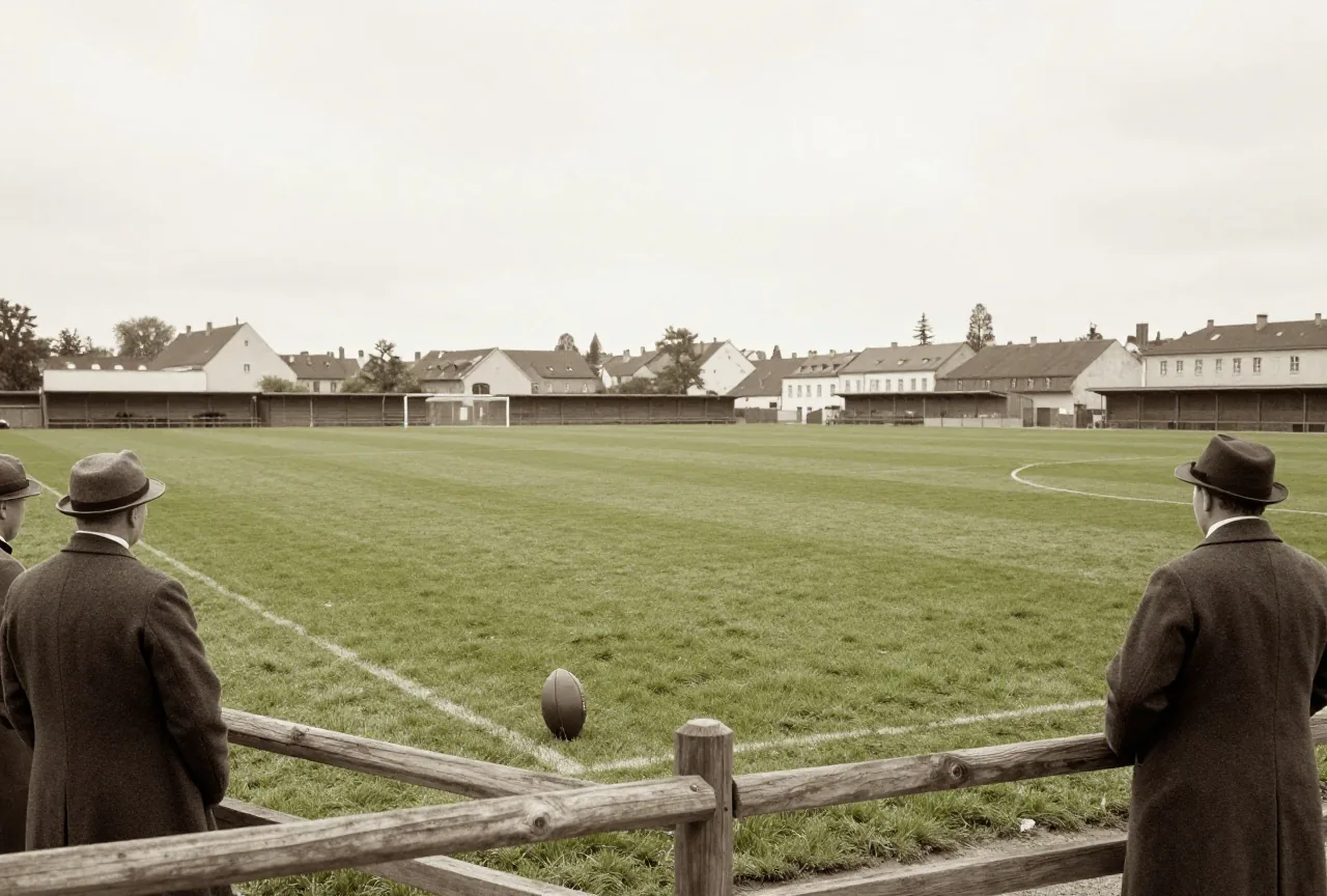 Alter Fußballplatz um 1912 mit Holzzaun und Zuschauern in langen Mänteln von hinten im Sepiaton