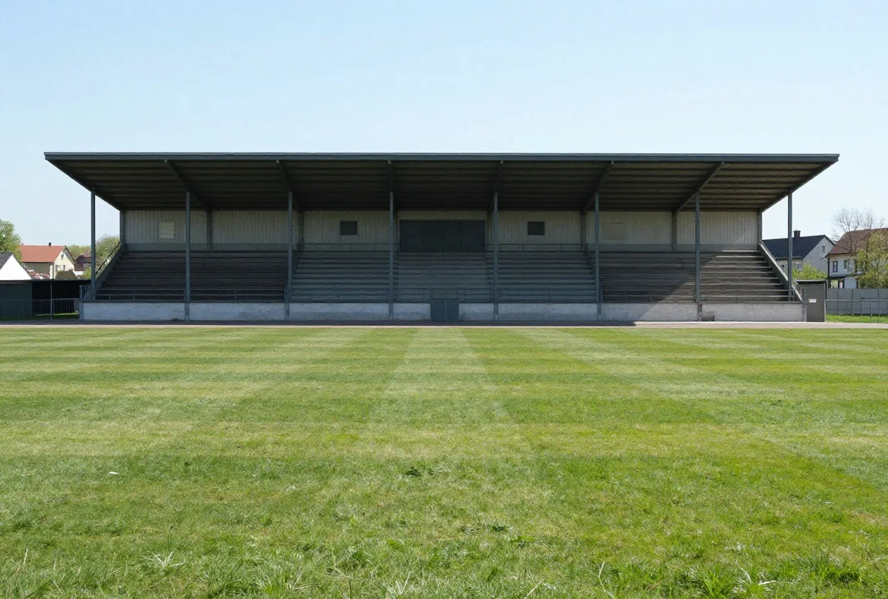 Alte Haupttribüne aus den 1950er Jahren mit Flachdach und Stahlstützen vor frisch gemähtem Rasen