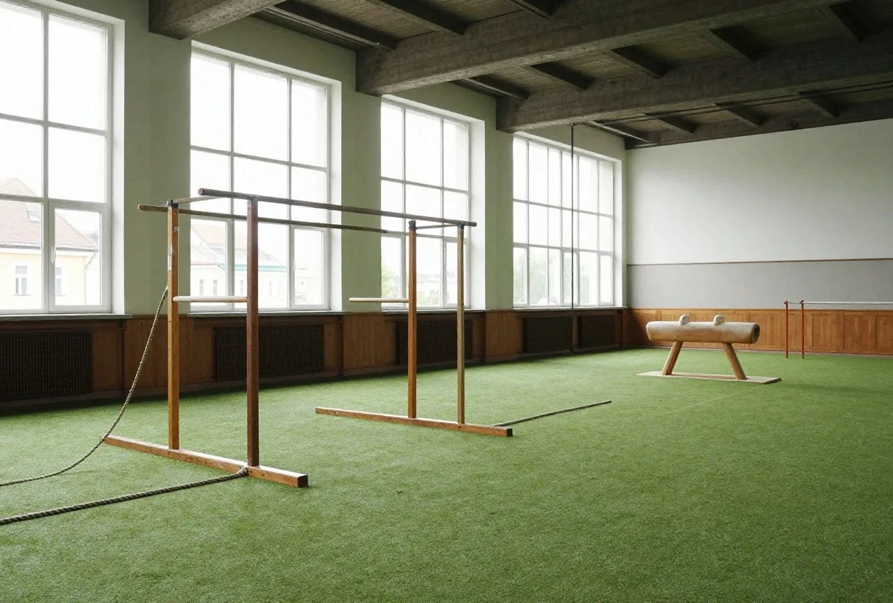 Alte Turnhalle um 1900 mit Barren, Kletterseilen und Pauschenpferd im Sonnenlicht hoher Fenster