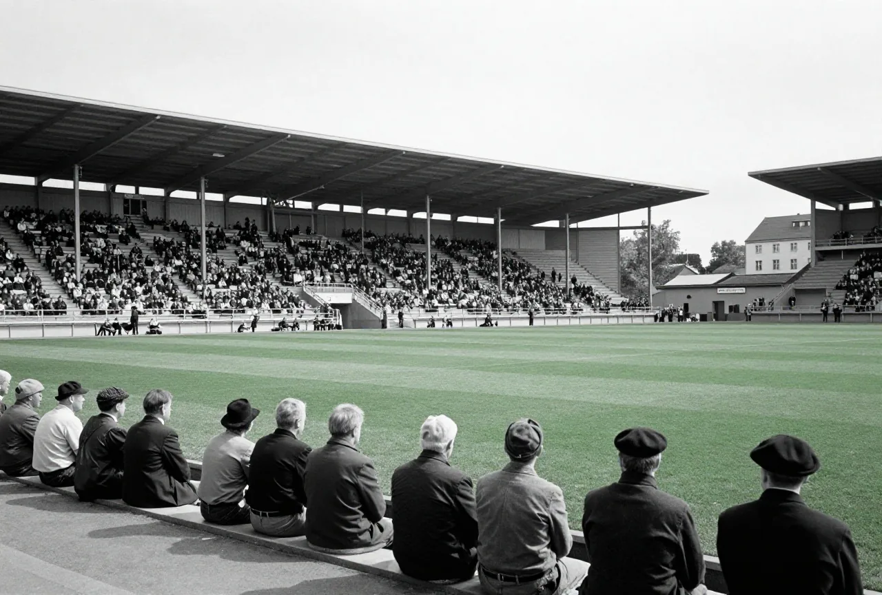 Großes offenes Stadion der 1950er Jahre mit vollen Erdwällen, Zuschauer mit Hüten aus großer Entfernung von hinten