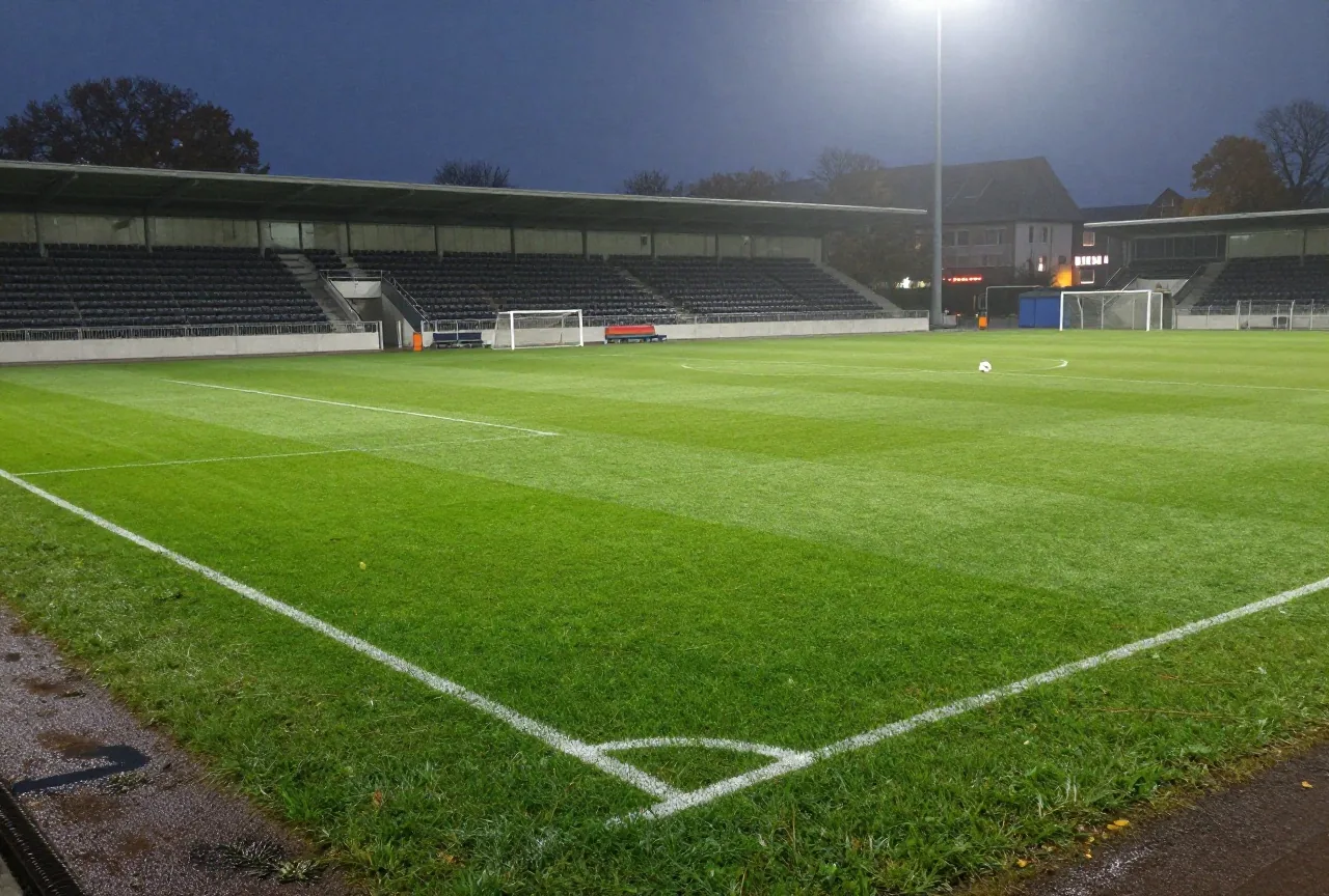 Flutlichtspielfeld in einer kalten Herbstnacht mit Nebel über dem Rasen und einem Ball auf dem Elfmeterpunkt