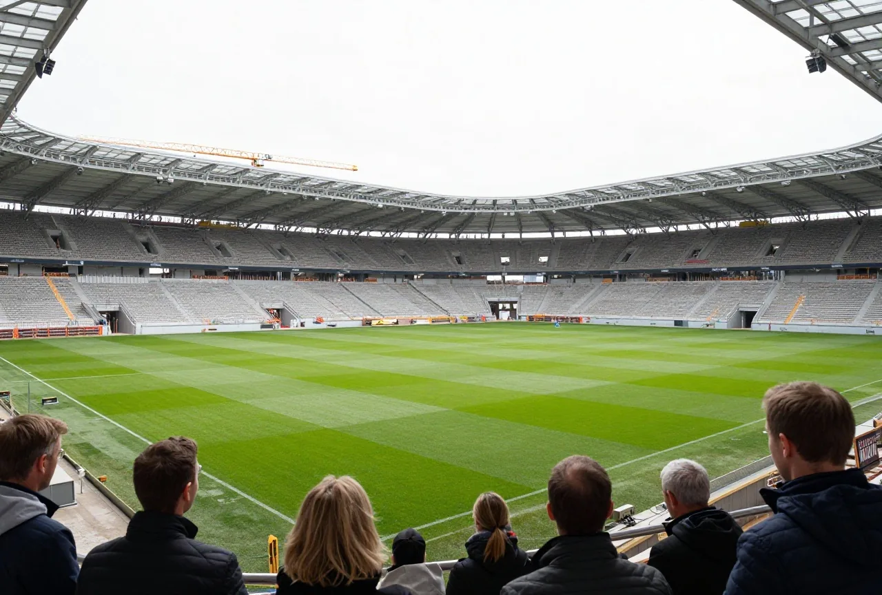 Stadionbaustelle mit halb fertigem Stahldach und Kränen neben einem bespielten grünen Rasen an einem bewölkten Tag