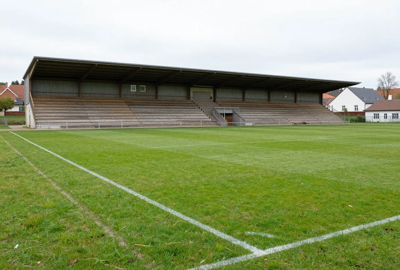 Alter kleiner Fußballplatz mit niedriger überdachter Holztribüne und Erdwällen an einem trüben Nachmittag