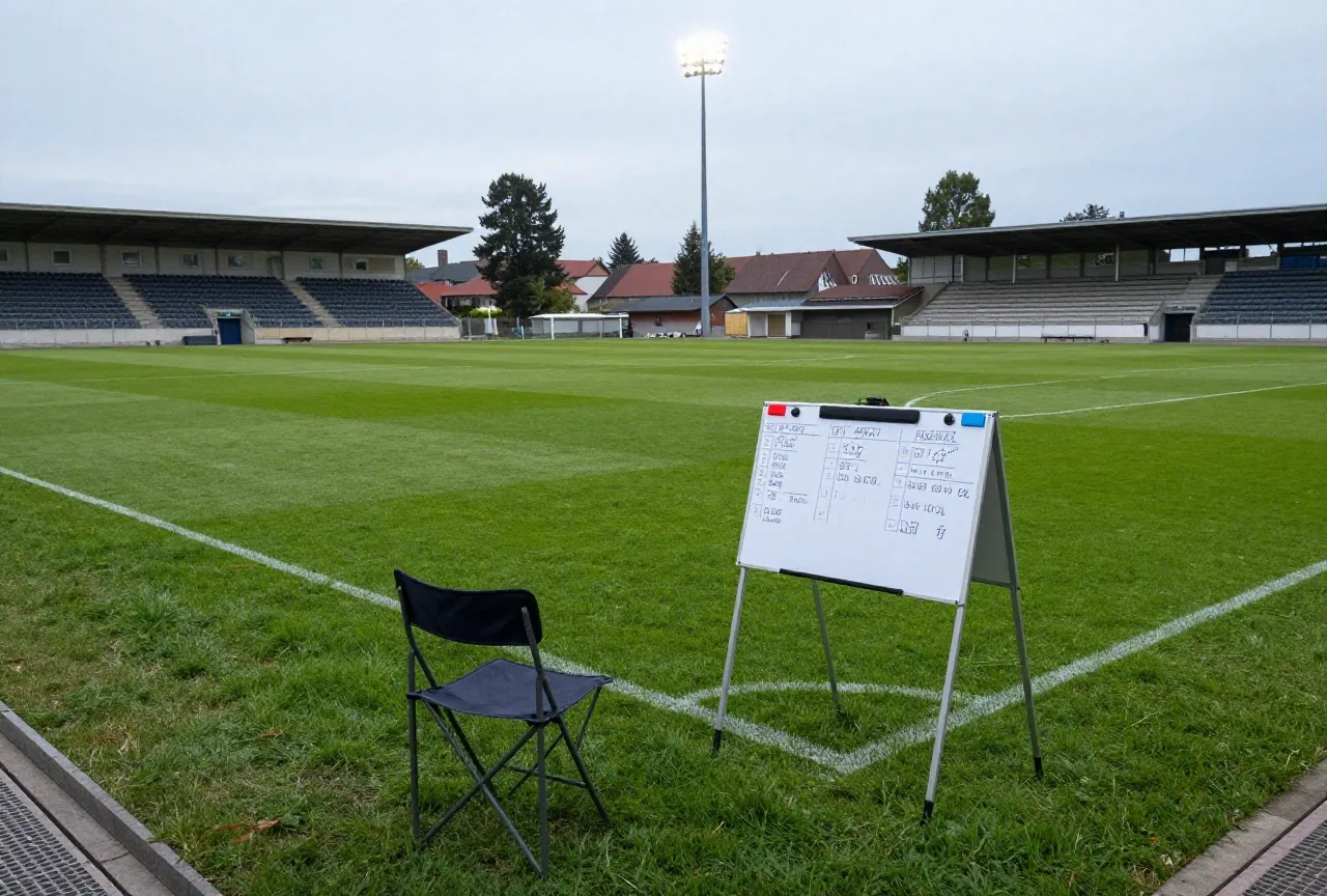 Leere Trainerbank am Spielfeldrand mit Klappstuhl und abgewandter Taktiktafel im Flutlicht am Abend