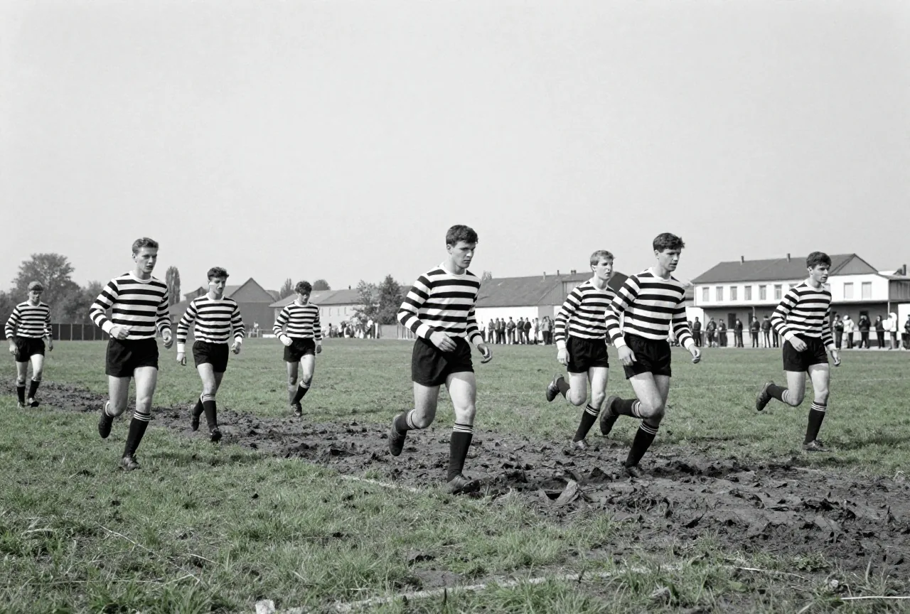 Fußballszene im Stil eines alten Schwarzweißfotos mit Spielern in langärmeligen gestreiften Trikots auf matschigem Rasen