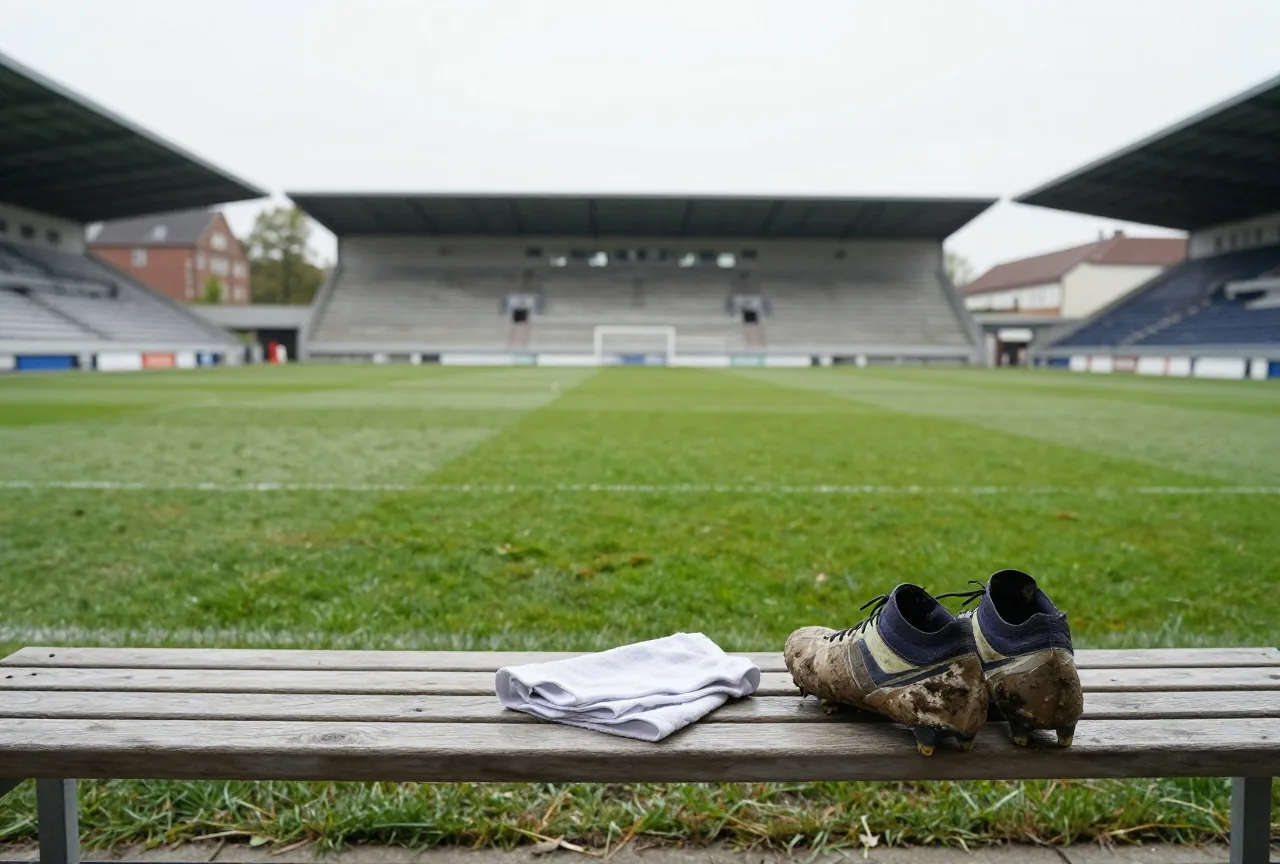 Leere Kabinenbank nach einem Spiel mit schlammigen Fußballschuhen und einem gefalteten Handtuch im Halbdunkel