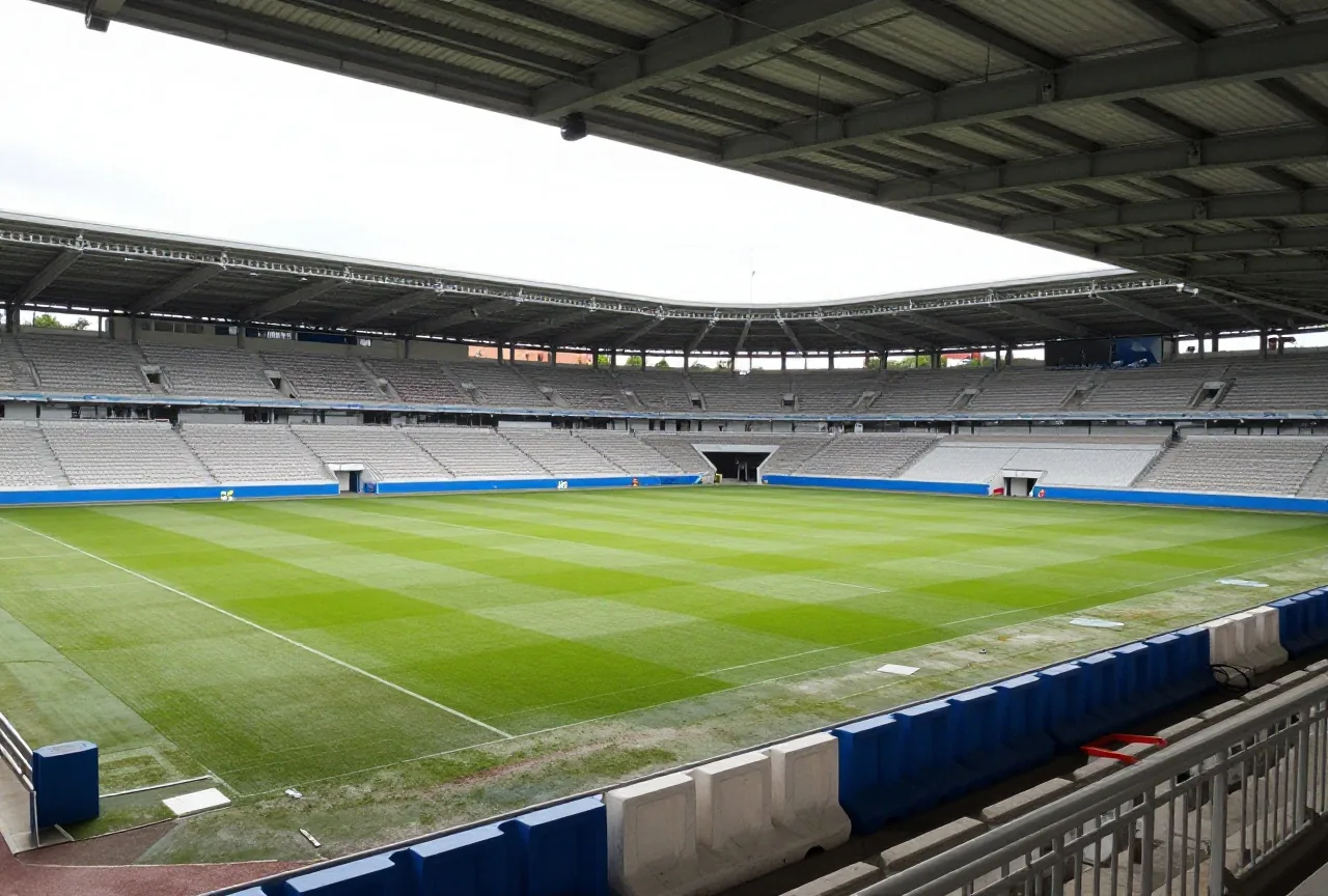 Überdachte Stehtribüne in einem leeren Stadion mit blau-weiß gestrichenen Wellenbrechern im Nachmittagslicht