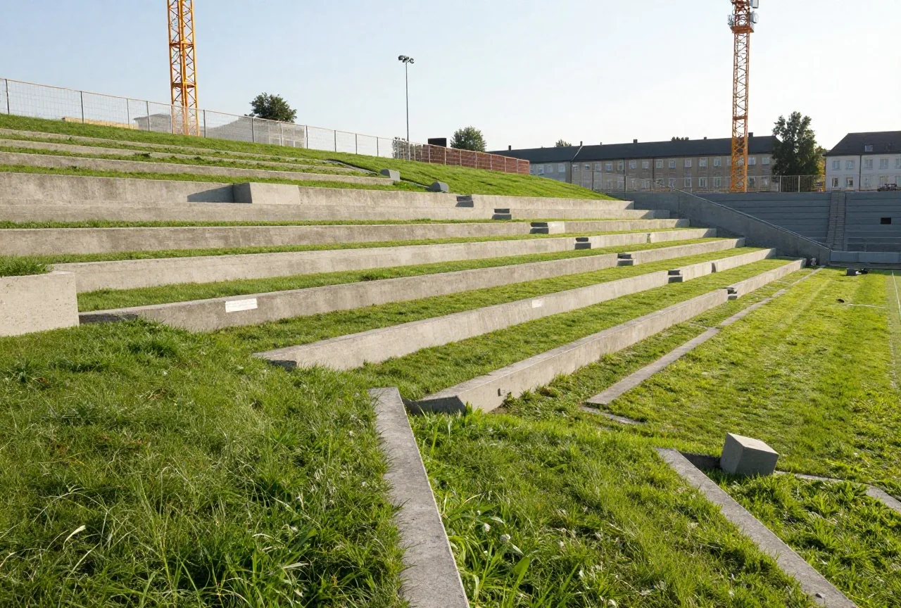 Neue steile Stehtribüne aus Beton mit Wellenbrechern, dahinter Bauzaun und Kran in der Nachmittagssonne