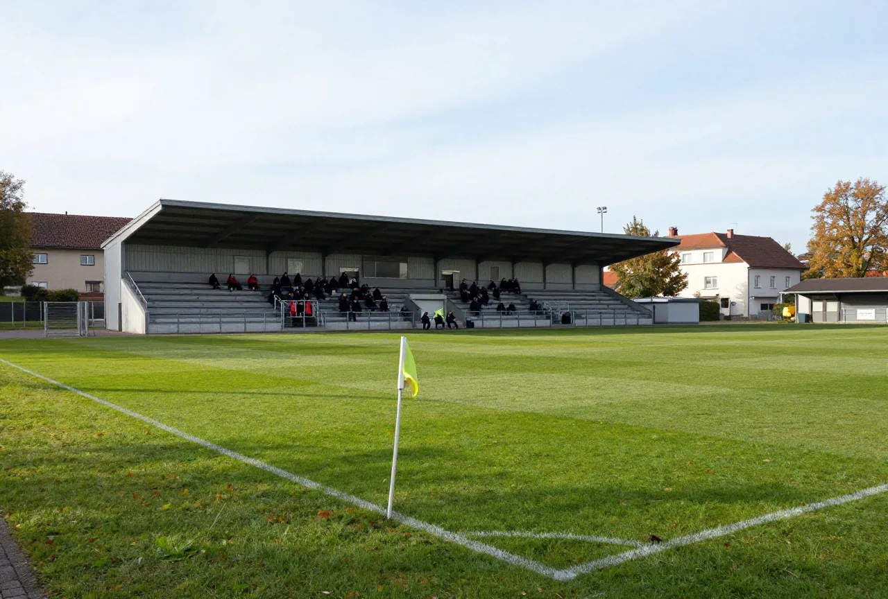 Kleiner Fußballplatz einer unteren Liga mit einer überdachten Tribüne und wenigen Zuschauern an einem Herbstnachmittag