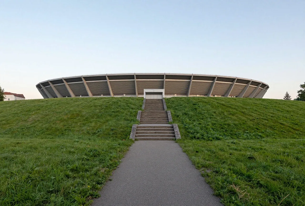 Fußweg über einen grasbewachsenen Wall zum Eingang eines modernen Stadions mit alten Steinstufen am Rand