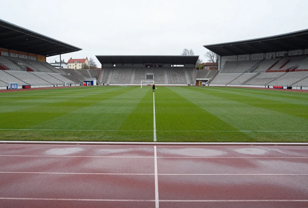 Leeres kleines Stadion an einem grauen Wintertag, ein Platzwart zieht aus der Ferne gesehen eine weiße Linie